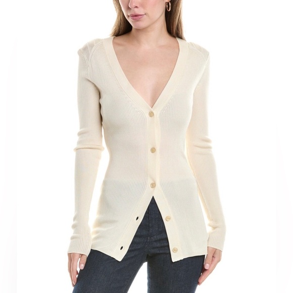 ST. JOHN | LARGE RIB KNIT V-NECK CARDIGAN SIGNATURE KNIT COLLECTION IN ECRU - Picture 1 of 6